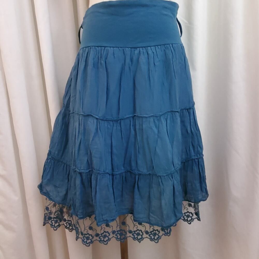 Vintage Made in Italy Silk Cotton Skirt Teal Blue Embroiderd Lace Fairy Large